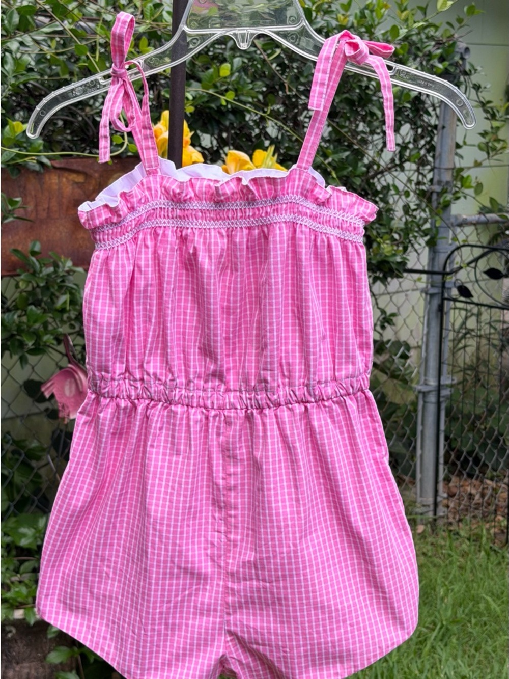 NWOT - The Beaufort Bonnet  Company  Pink Checkered Smocked Tie-Strap Romper